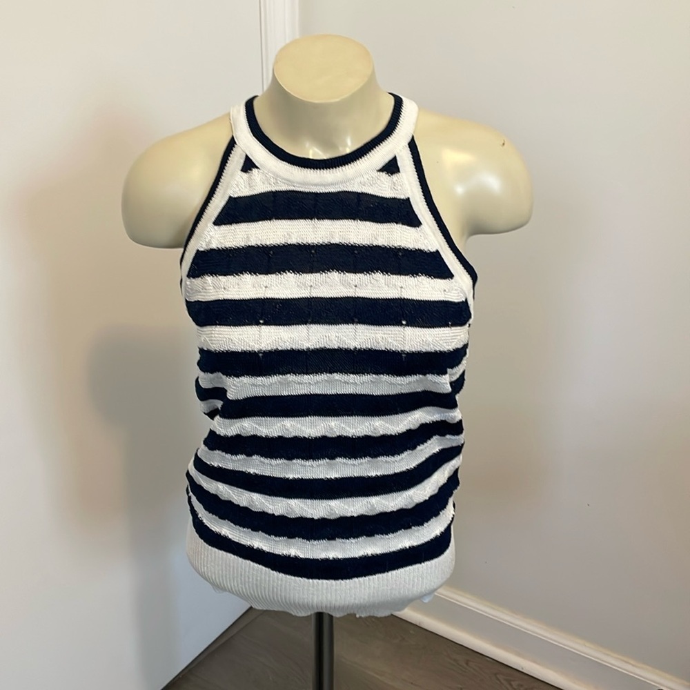 White House Black Market Nautical Navy Ecru Stripe Halter